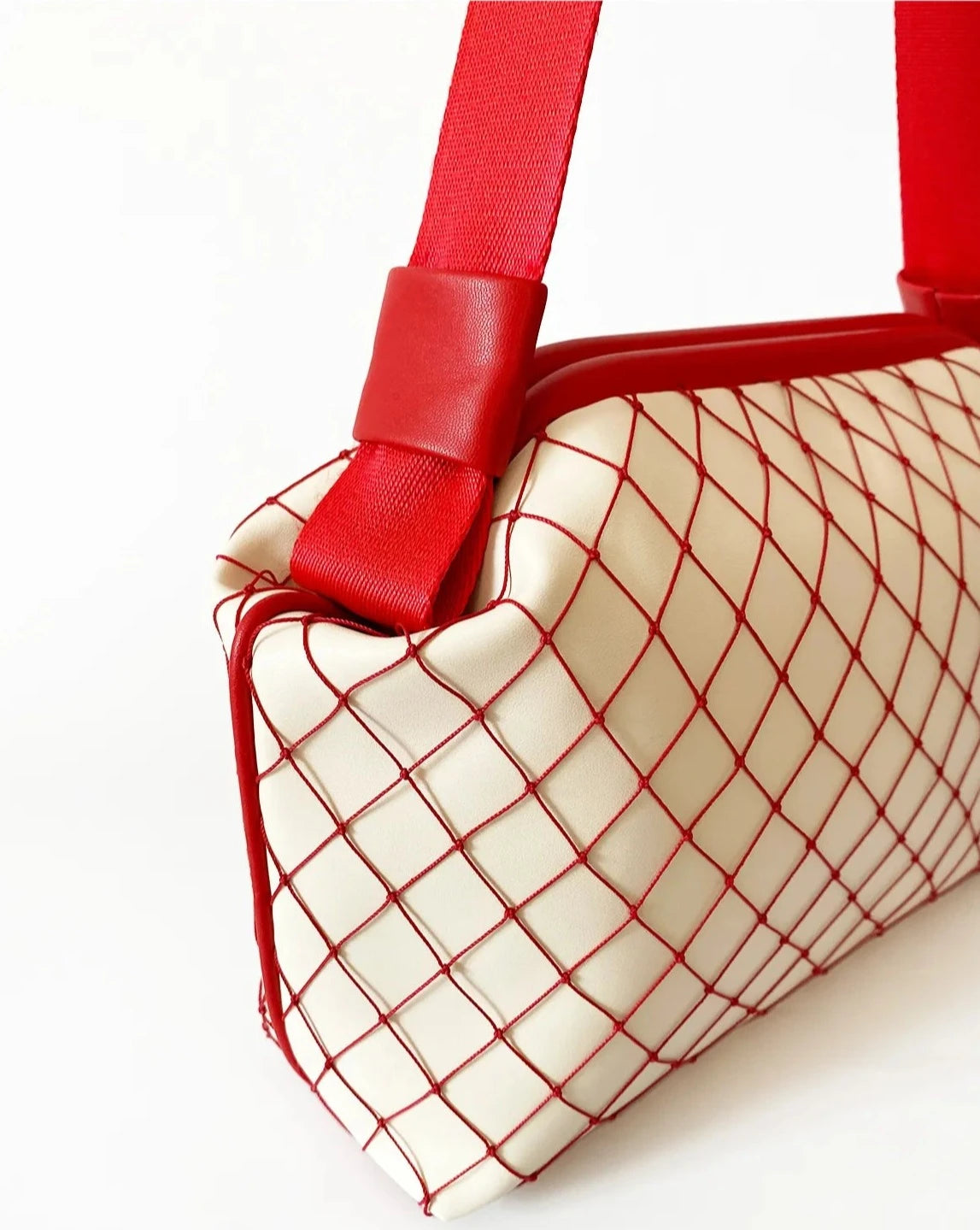 Versatile Red Mesh Detail Cream Faux Leather Handbag handbags LUNARITY GARAGE   