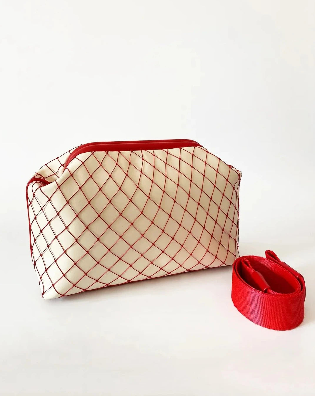Versatile Red Mesh Detail Cream Faux Leather Handbag handbags LUNARITY GARAGE