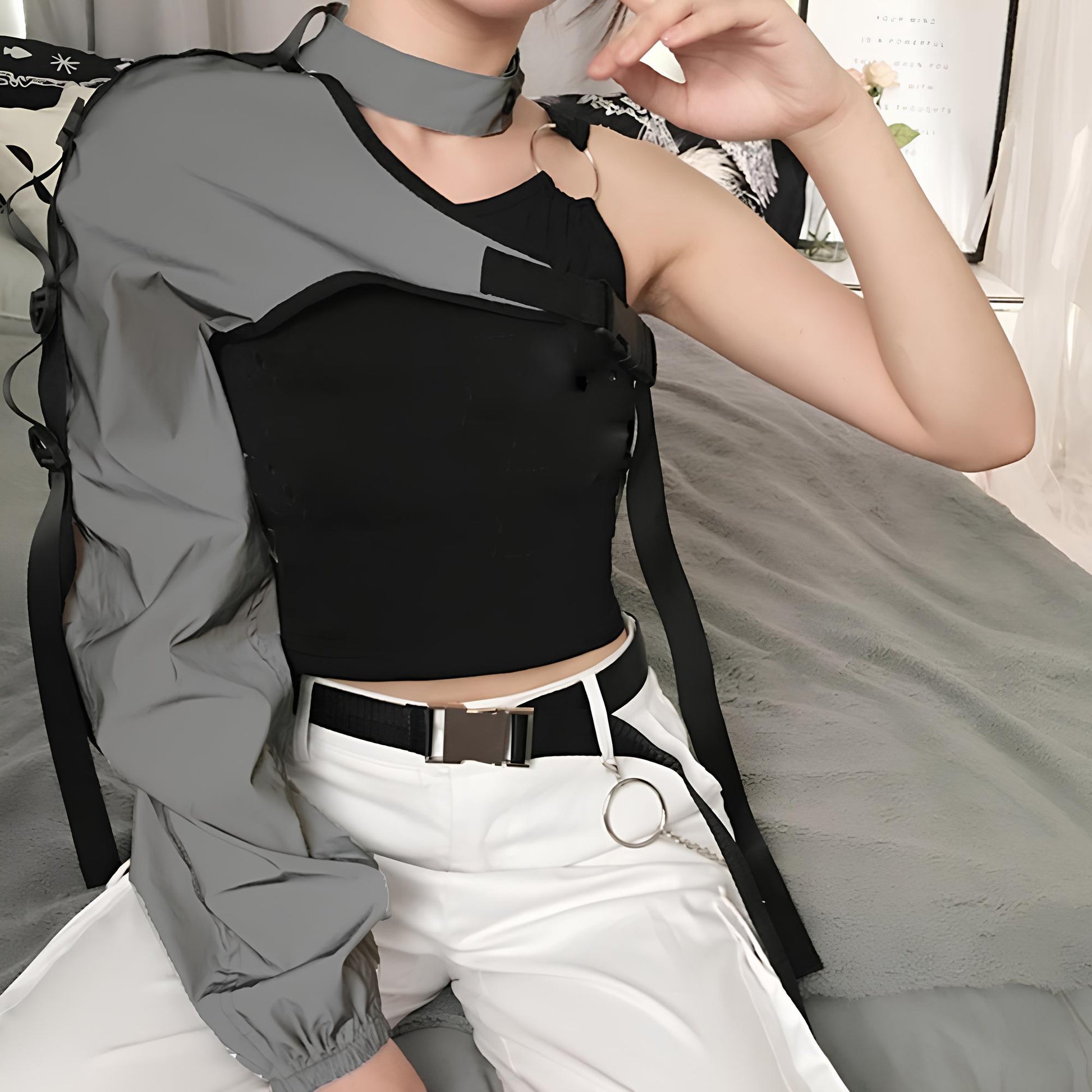 Reflective Harajuku Punk One-Shoulder Crop Top crop top Lunarity Garage Silver One Size