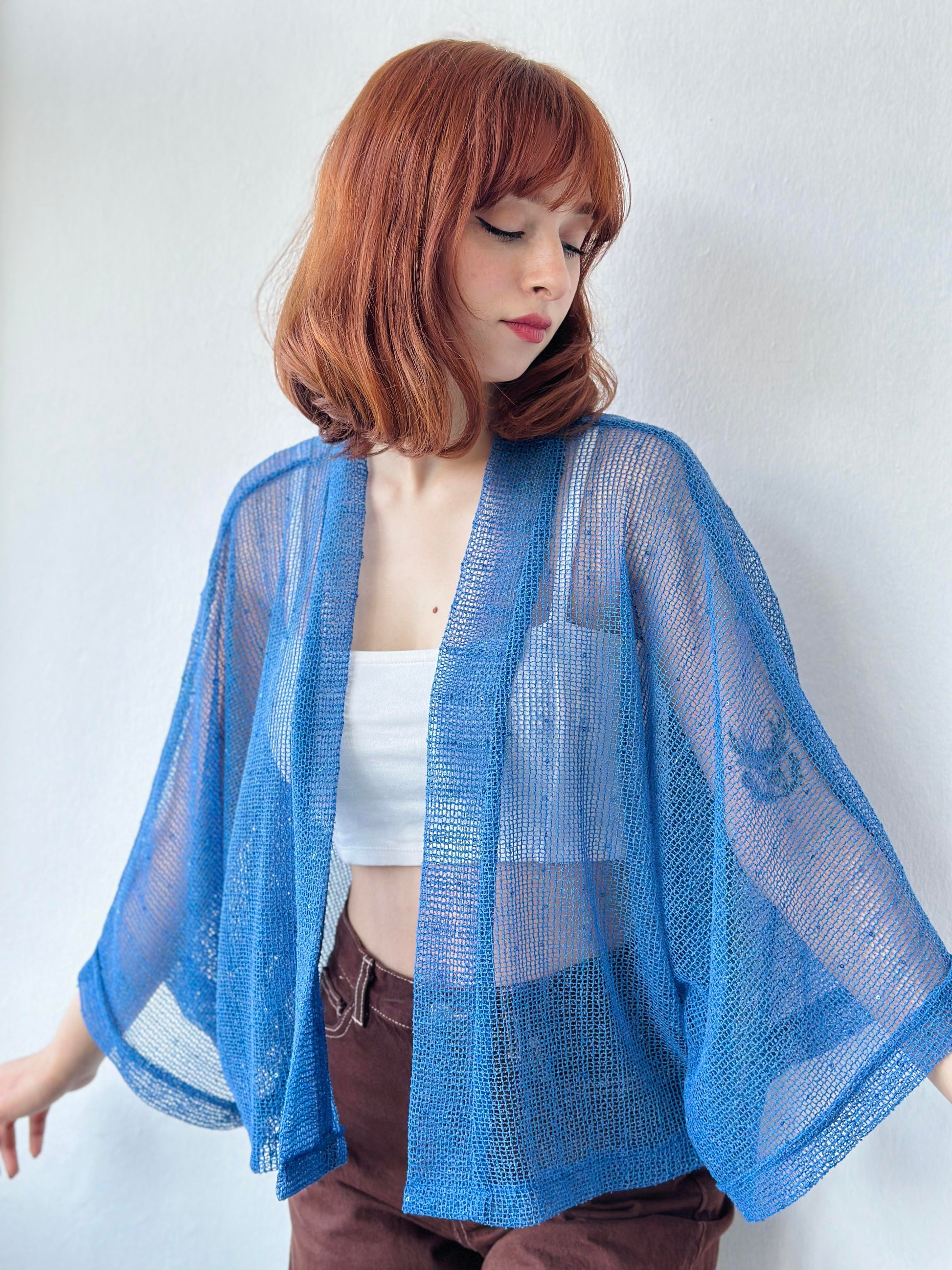 Blue Perforated Mesh Model Mini Kimono kimonos LUNARITY GARAGE