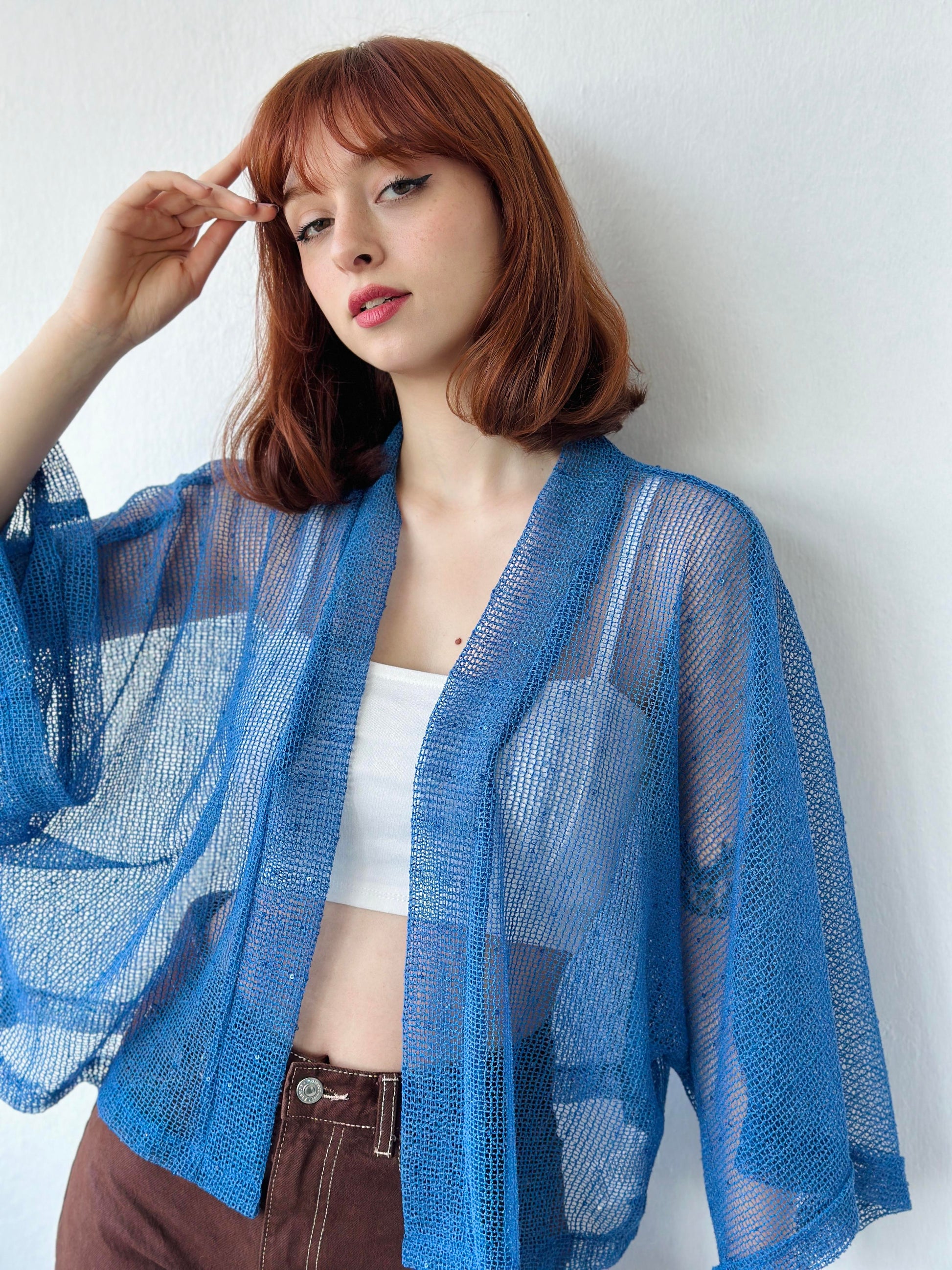 Blue Perforated Mesh Model Mini Kimono kimonos LUNARITY GARAGE