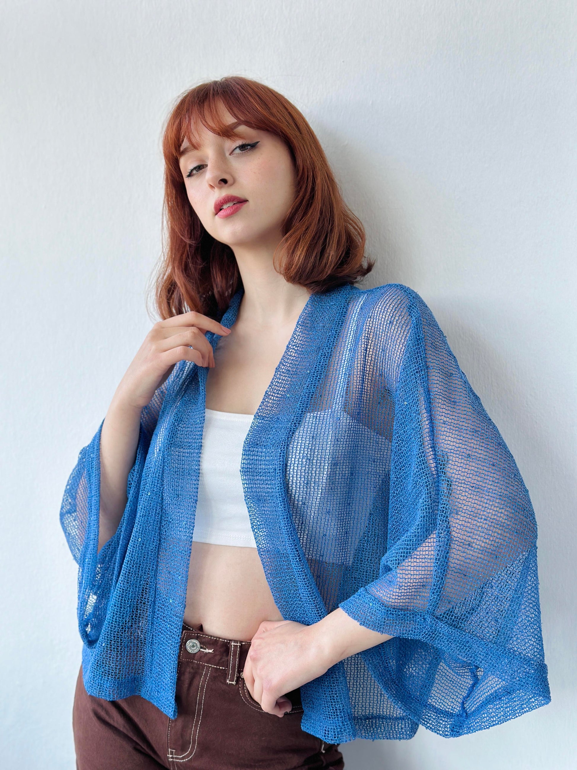Blue Perforated Mesh Model Mini Kimono kimonos LUNARITY GARAGE