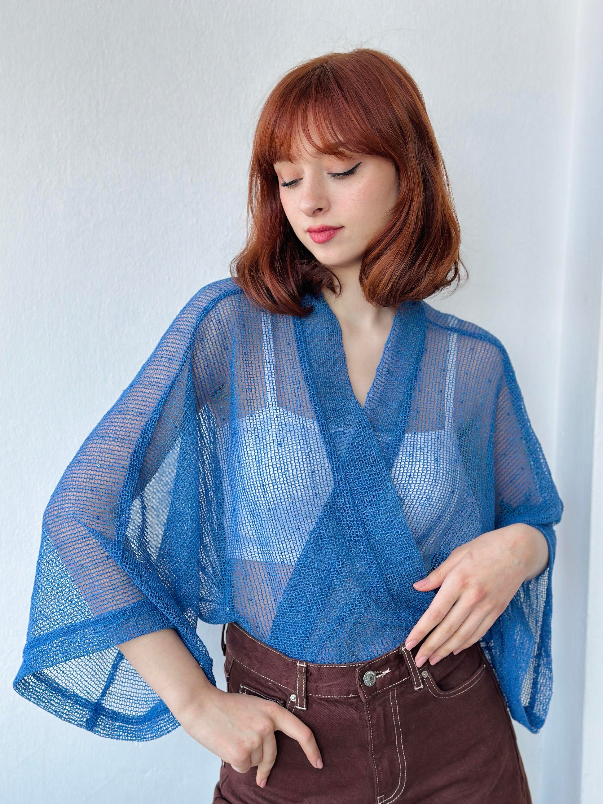 Blue Perforated Mesh Model Mini Kimono kimonos LUNARITY GARAGE
