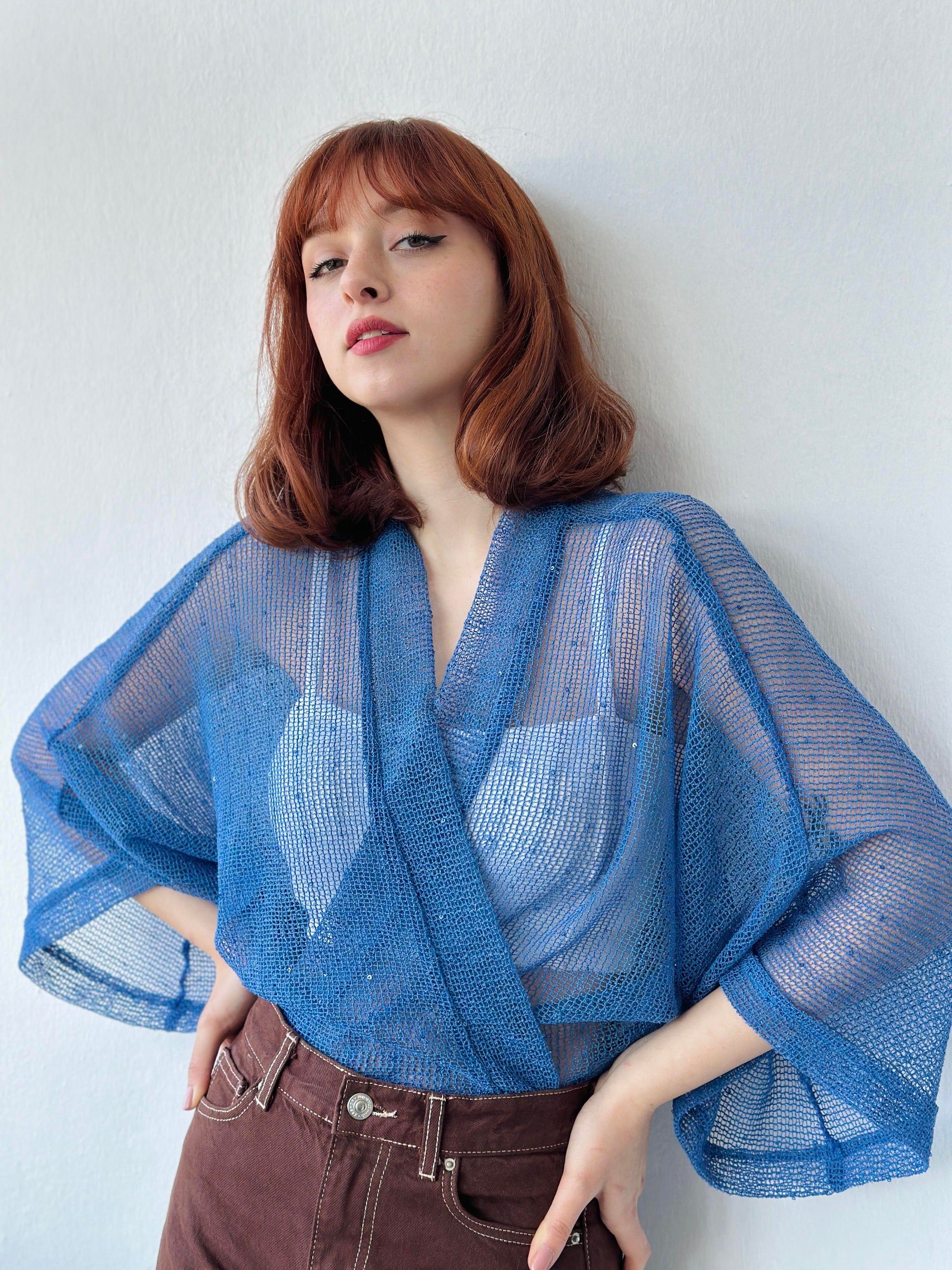 Blue Perforated Mesh Model Mini Kimono kimonos LUNARITY GARAGE