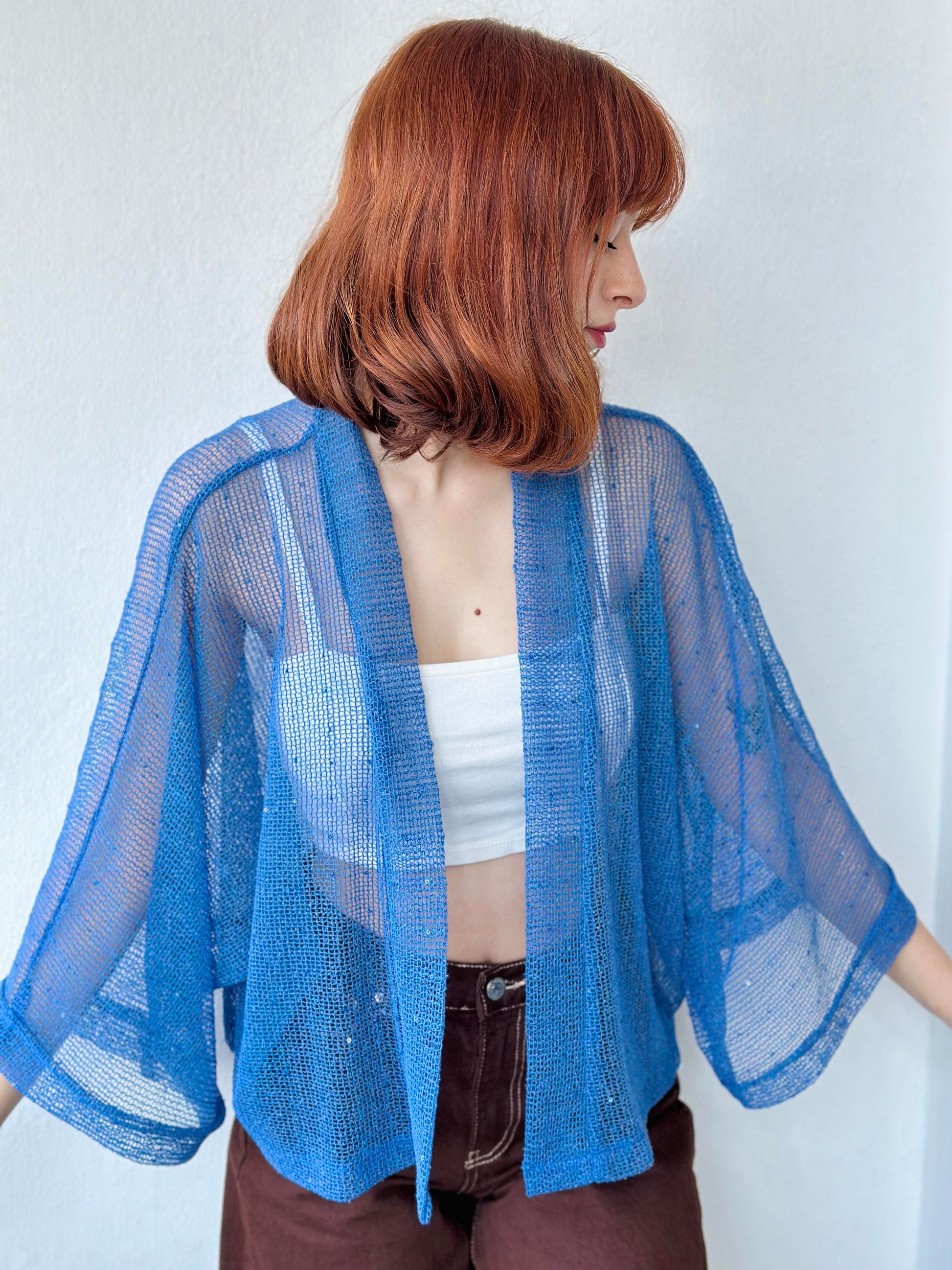 Blue Perforated Mesh Model Mini Kimono kimonos LUNARITY GARAGE