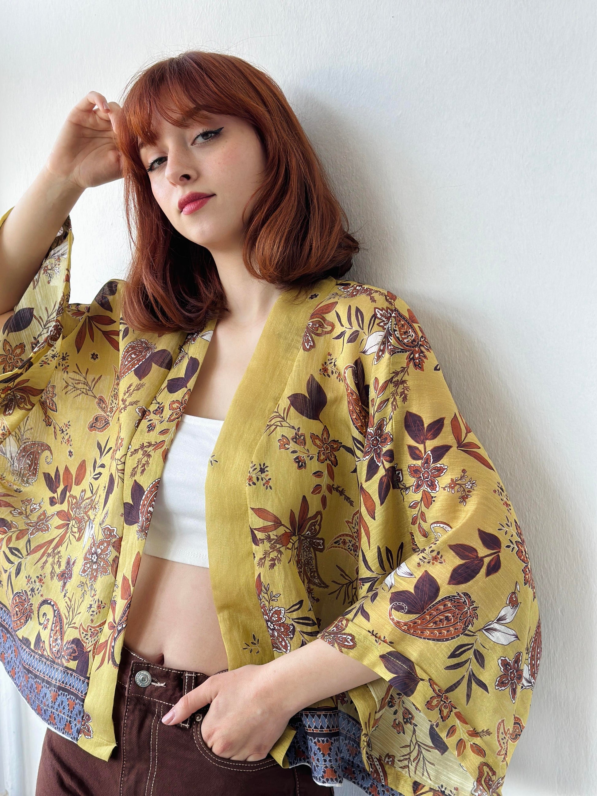 Yellow Wrap Pattern Mini Kimono kimono LUNARITY GARAGE   