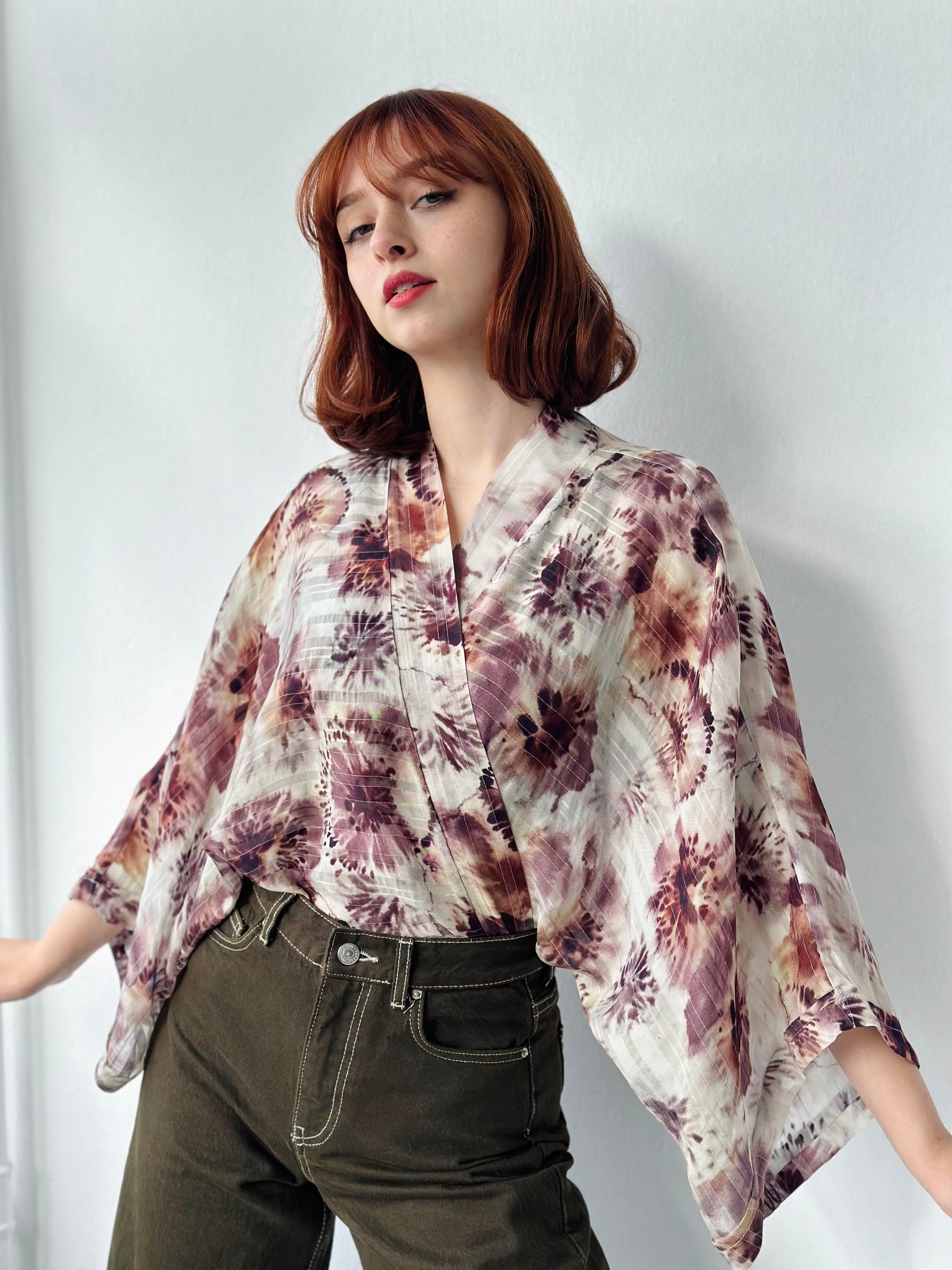 Purple Flowers Bat Kimono kimonos LUNARITY GARAGE STD  