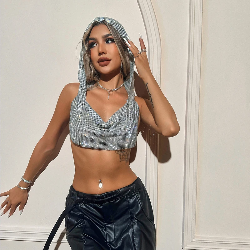 Rhinestone Hooded Crop Top crop top LUNARITY GARAGE Silver  