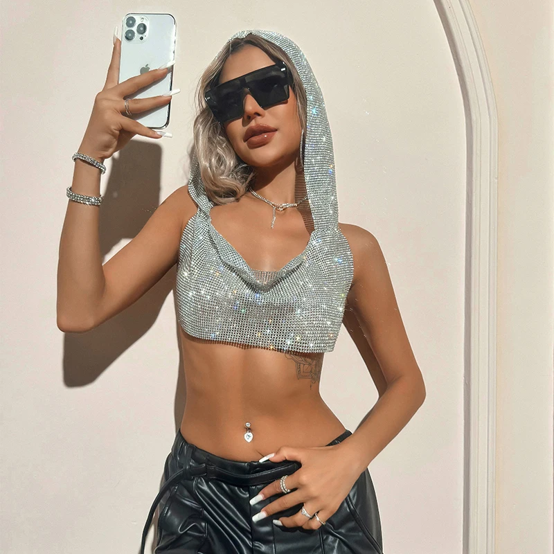 Rhinestone Hooded Crop Top crop top LUNARITY GARAGE   