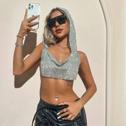 Rhinestone Hooded Crop Top crop top LUNARITY GARAGE   