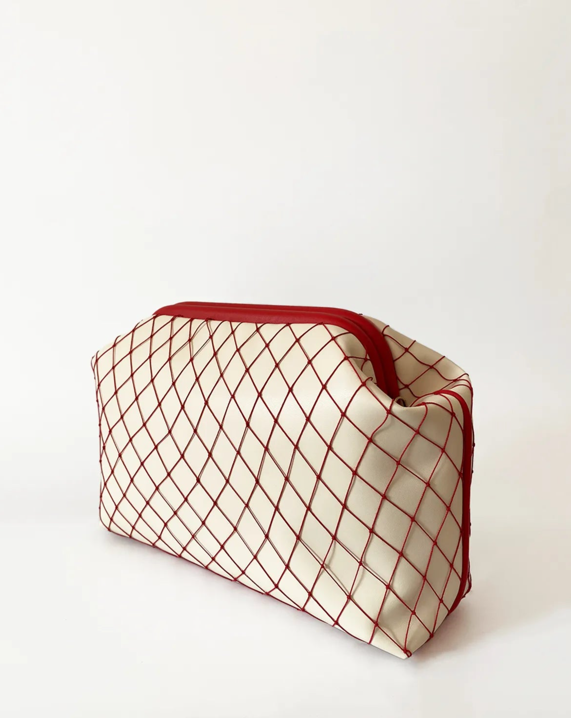 Versatile Red Mesh Detail Cream Faux Leather Handbag handbags LUNARITY GARAGE
