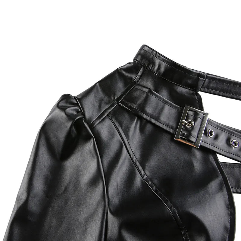 Women Top Punk Style Crop Tops Spring Autumn Clothes Long Sleeve Leather Belt Tees Female Clothing Sexy Club y2k Streetwear crop top Lunarity Garage