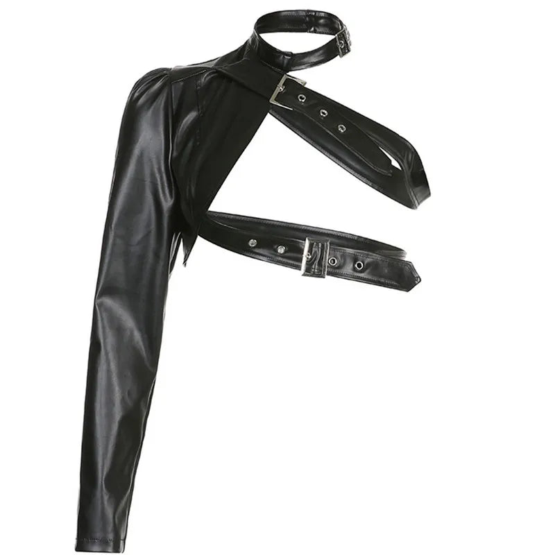 Women Top Punk Style Crop Tops Spring Autumn Clothes Long Sleeve Leather Belt Tees Female Clothing Sexy Club y2k Streetwear crop top Lunarity Garage