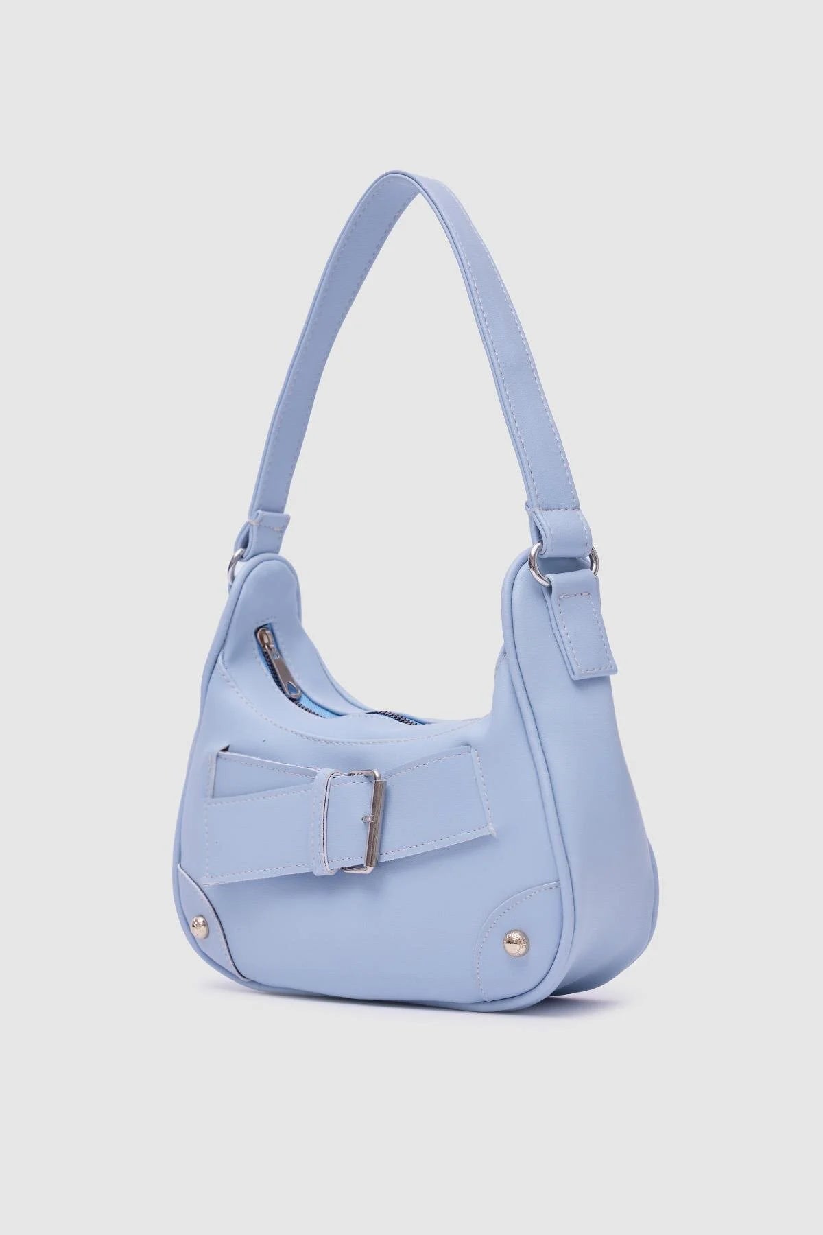 Buckled Faux Leather Baby Blue Baguette Bag bag LUNARITY GARAGE   