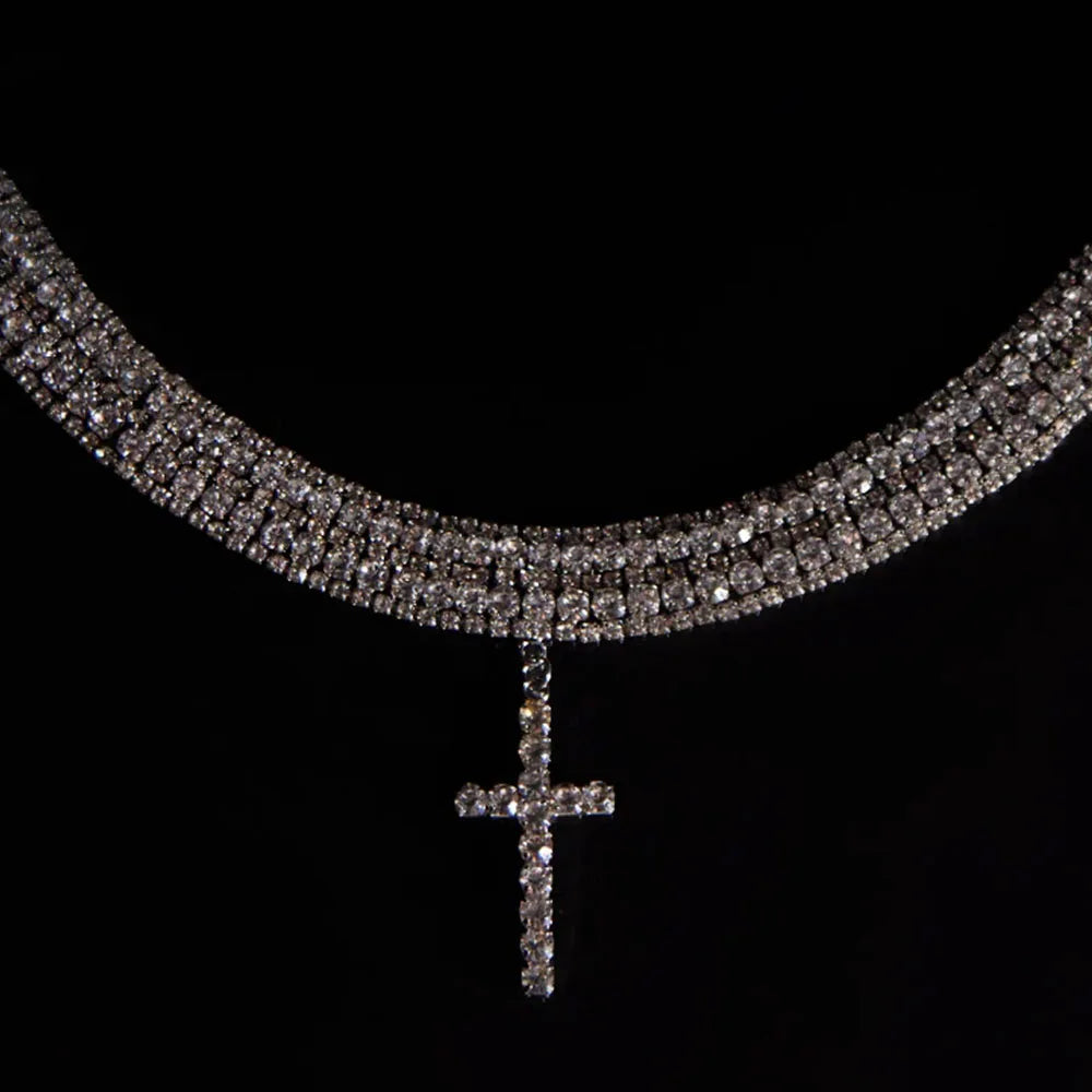 Y2K Rhinestone Chunky Multi-Layer Cross Necklace Necklace Lunarity Garage   