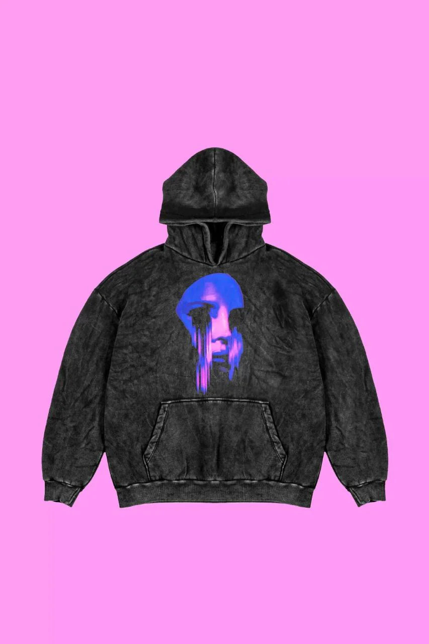 Acid Wash Black Grey Hoodie Handmade Asymmetrical Design Cotton Wool Fabric Hoodie LUNARITY GARAGE