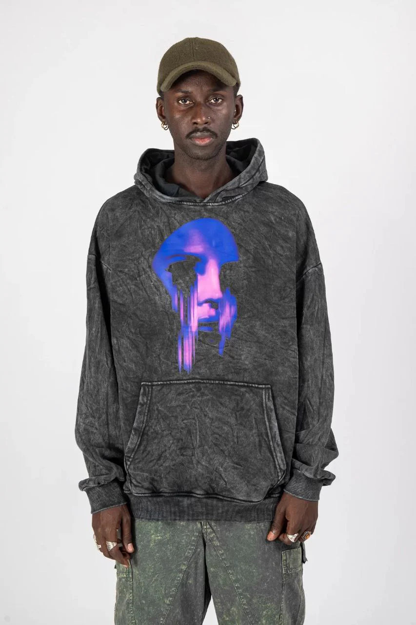 Acid Wash Black Grey Hoodie Handmade Asymmetrical Design Cotton Wool Fabric Hoodie LUNARITY GARAGE
