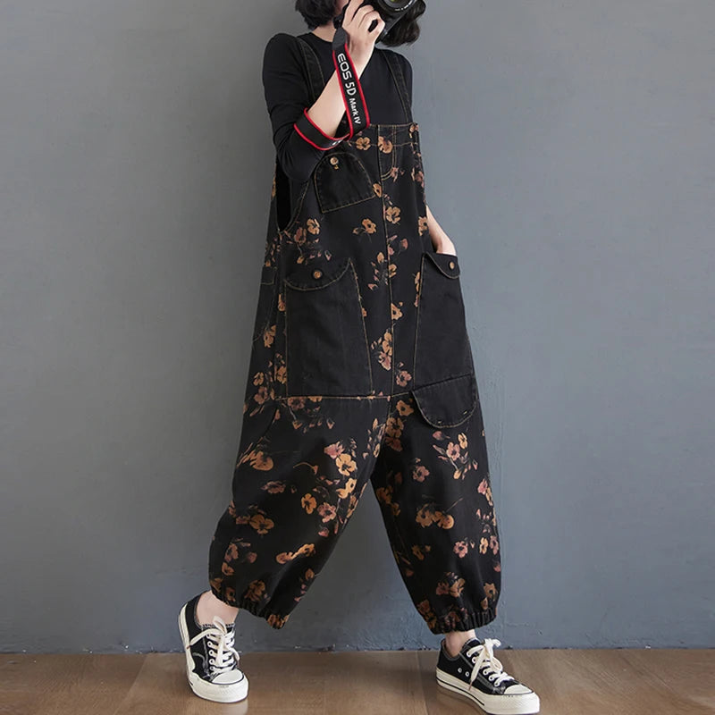 Vintage Print Floral Denim Jumpsuit Jumpsuit Lunarity Garage   