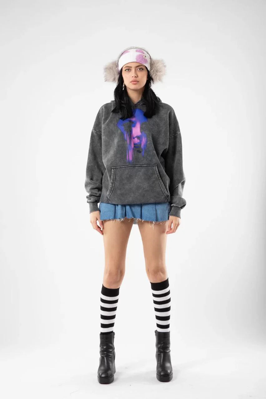 Acid Wash Black Grey Hoodie Handmade Asymmetrical Design Cotton Wool Fabric Hoodie LUNARITY GARAGE