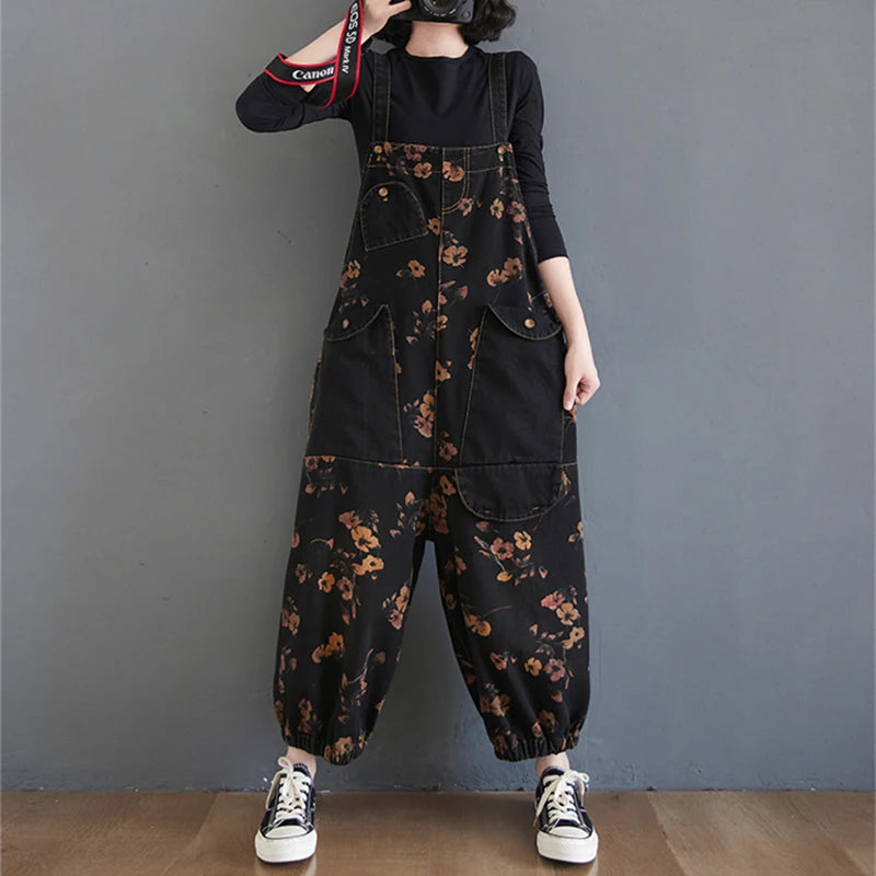 Vintage Print Floral Denim Jumpsuit Jumpsuit Lunarity Garage   