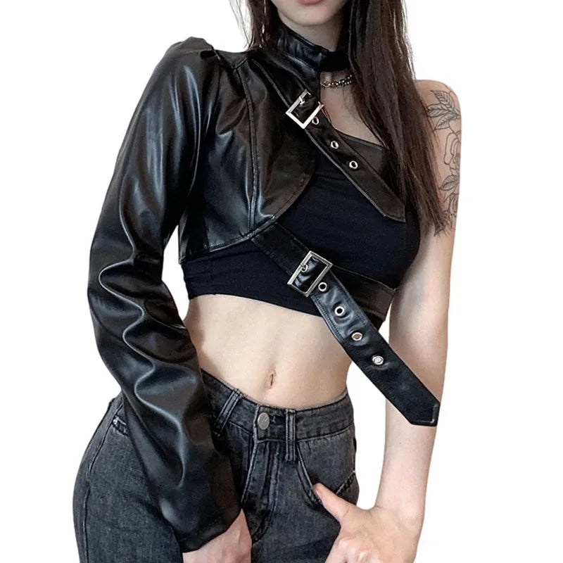Women Top Punk Style Crop Tops Spring Autumn Clothes Long Sleeve Leather Belt Tees Female Clothing Sexy Club y2k Streetwear crop top Lunarity Garage