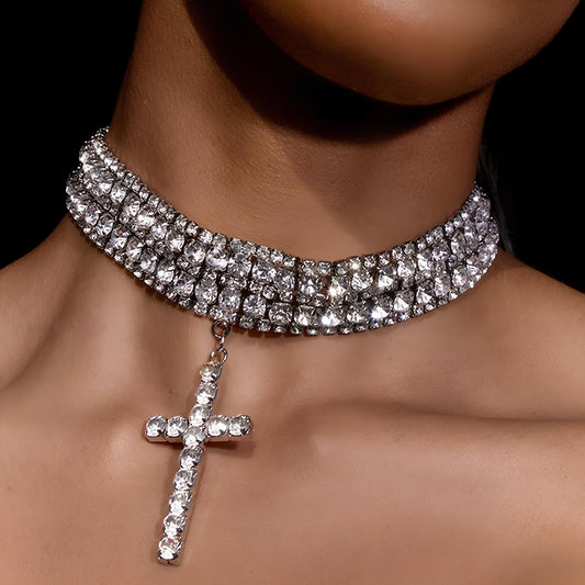 Y2K Rhinestone Chunky Multi-Layer Cross Necklace Necklace Lunarity Garage Silver  